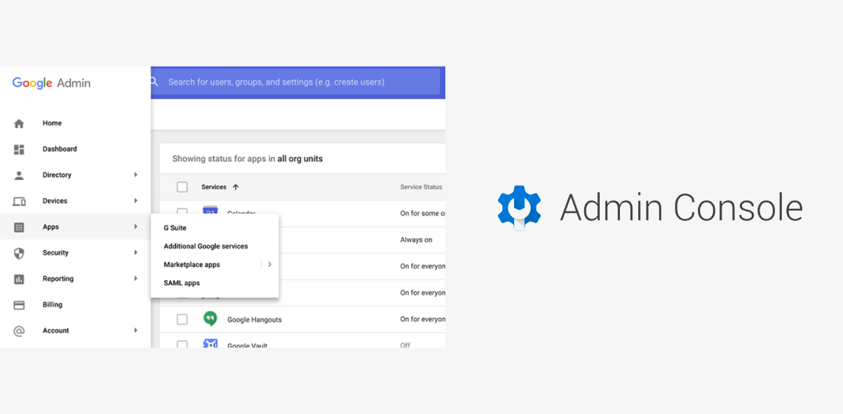 Novo menu de navegação do Admin Console